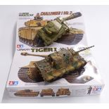 Two Tamiya 1:35 scale plastic kit built model tanks comprising German Tiger I 35194-4000 and