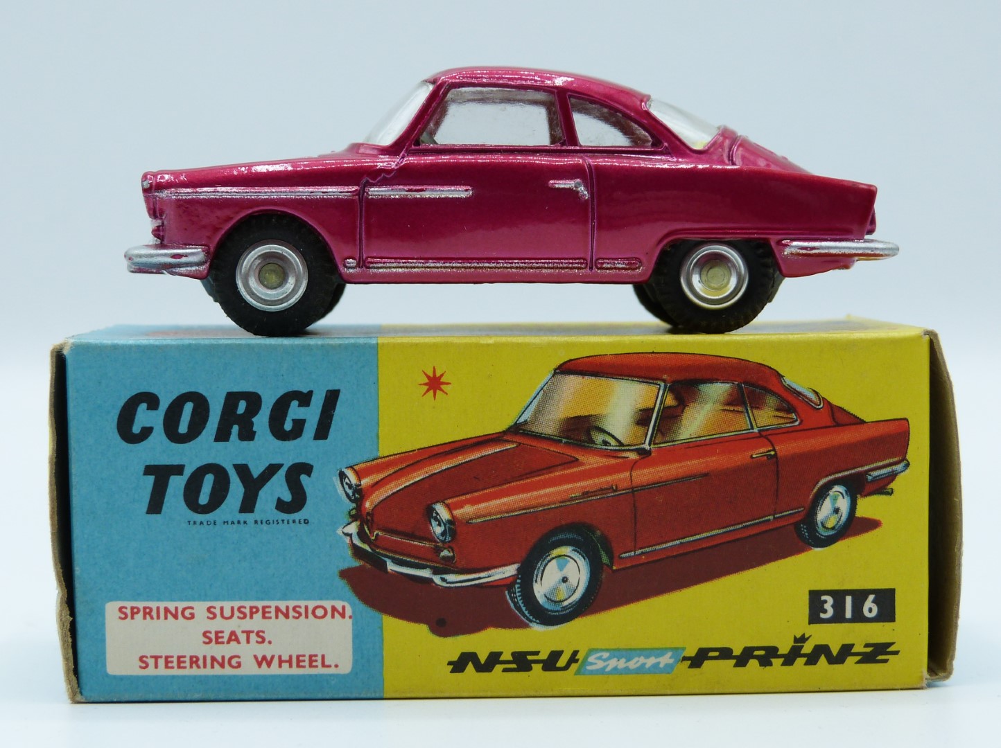 Corgi Toys diecast model NSU Prinz Sport with metallic pink body, cream interior and silver hubs, - Image 5 of 6