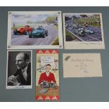 Five Stirling Moss signed autographed items including a photograph, birthday card and Christmas