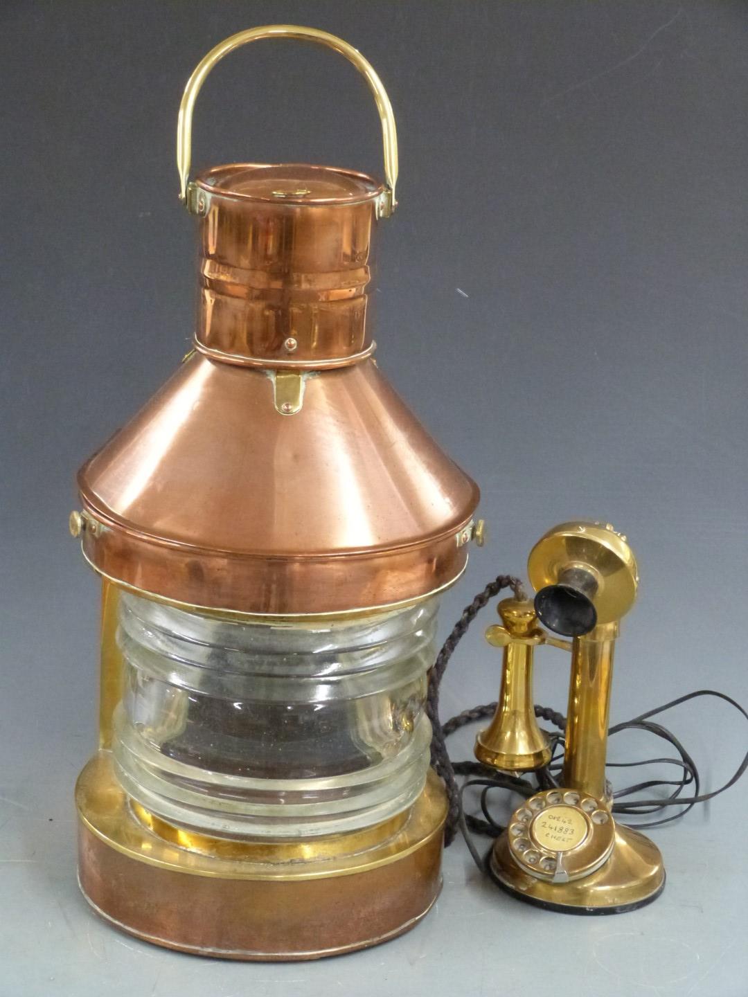Copper ship's masthead lamp height 46cm and vintage brass candlestick telephone