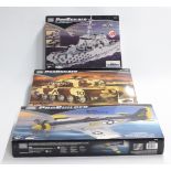 Three Mega Bloks Pro Builder construction kits P-51 Mustang 985, M1A1 Abrams Tank 850 and Battle