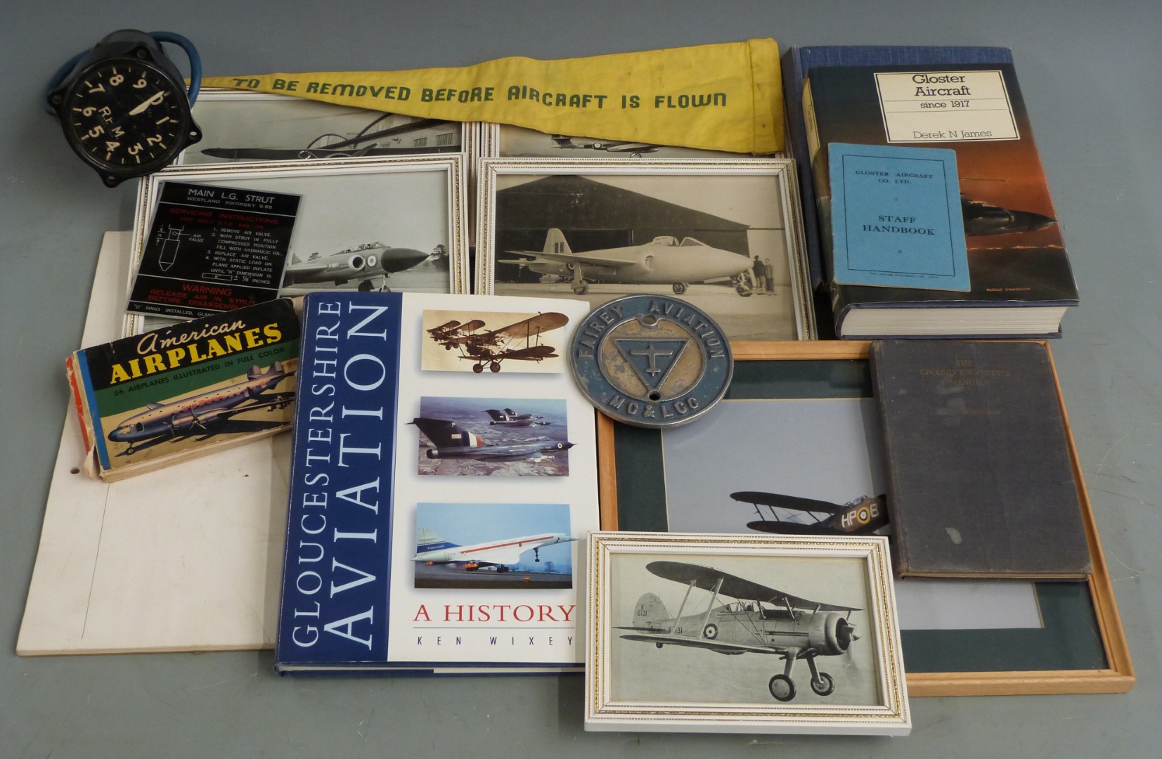 Aviation collectables including Fairey Aviation MC & LCC badge, Gloster and Gloucestershire interest