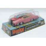 Dinky Toys diecast model Lady Panelope's Fab 1 with pink body, gold interior, figures and