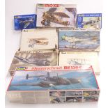 Eight Revell model aeroplane kits including Messerschmitt Bf 110 C-4B, Corsair F4U-1, Sopworth Camel