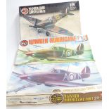 Three Airfix 1:24 scale model kits comprising two Hawker Hurricane Mk1 14002-5 and 09502-8 and