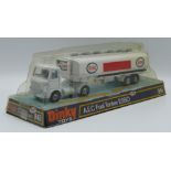 Dinky Toys diecast model A.E.C. Fuel Tanker Esso with white cab and tank, silver hubs and Esso