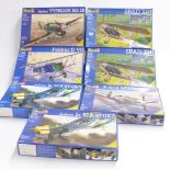 Seven Revell 1:28 and 1:32 scale model aeroplane kits comprising two Spad XIII 4746, two Junkers