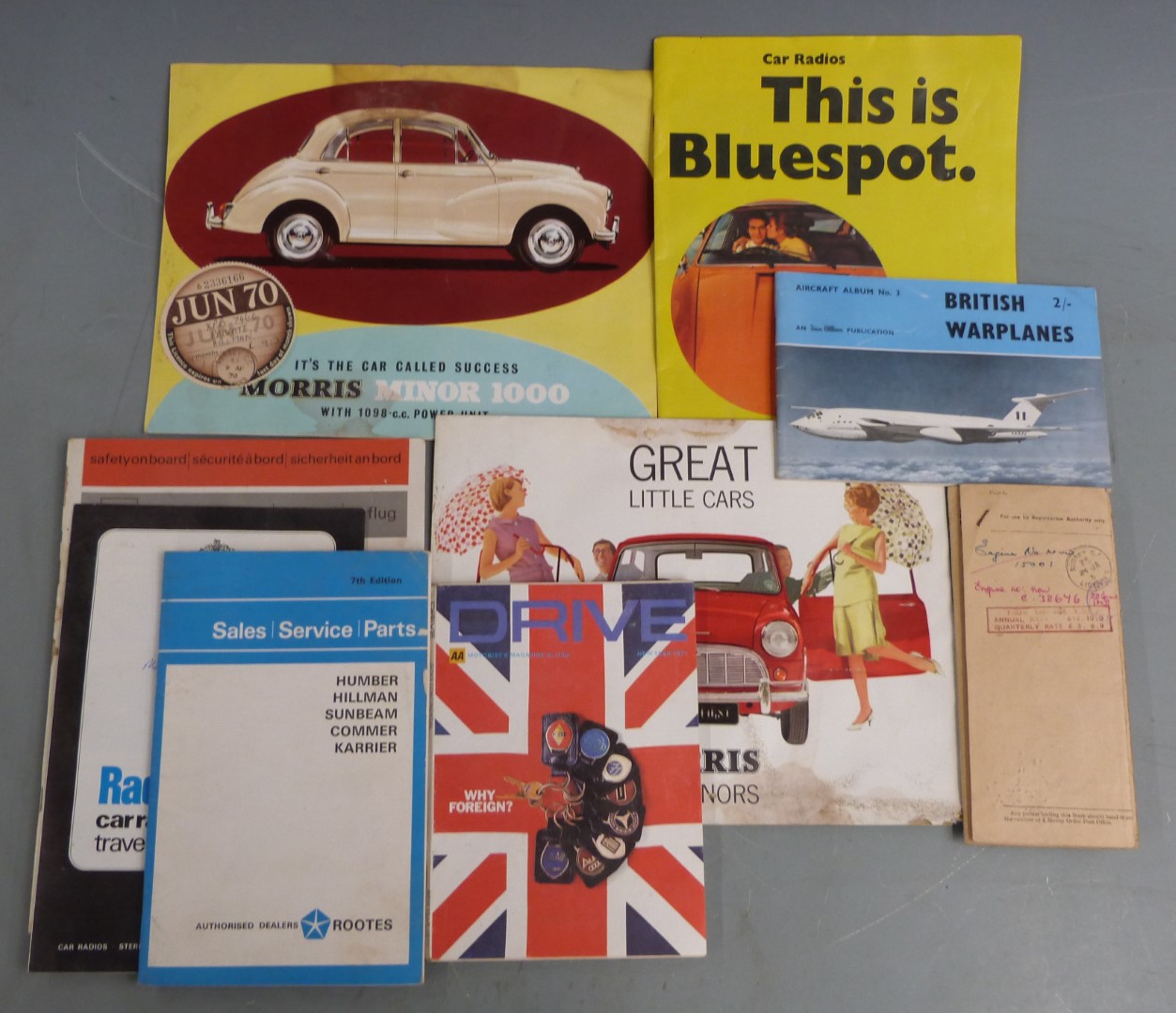 Classic motoring ephemera including Morris Mini-Minor and Minor 1000 brochures, buff logbook for a
