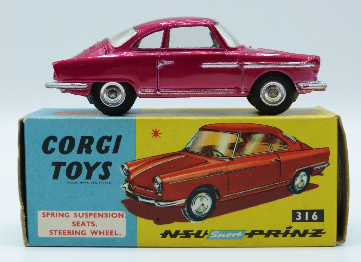 Corgi Toys diecast model NSU Prinz Sport with metallic pink body, cream interior and silver hubs, - Image 3 of 6