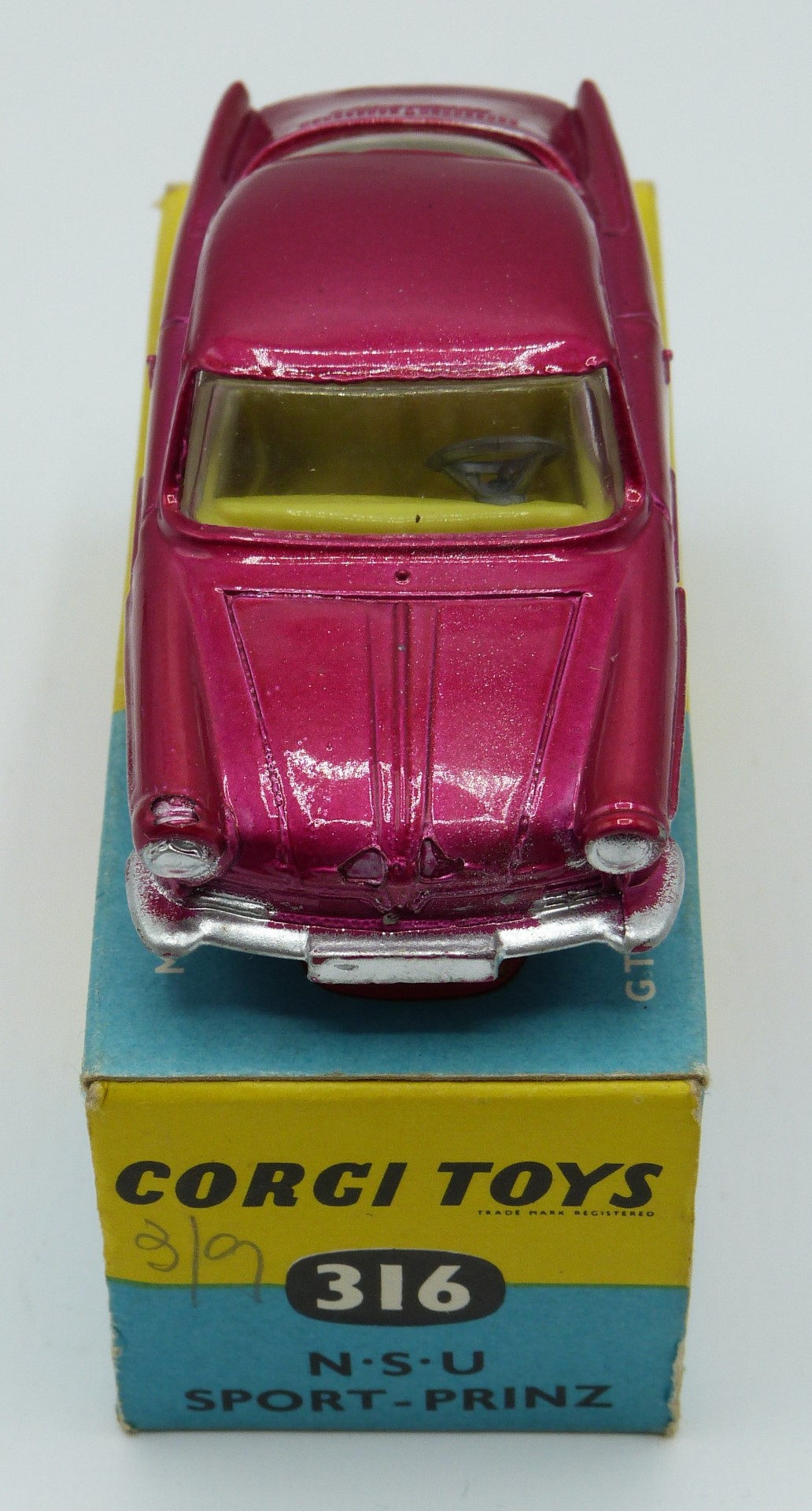 Corgi Toys diecast model NSU Prinz Sport with metallic pink body, cream interior and silver hubs, - Image 6 of 6