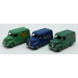 Three Dinky Toys diecast model Trojan delivery vans Beefy Oxo 31D, Chivers Jellies 452 and Cydrax