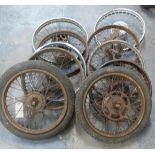 Five motorbike wheels including possible British Hub Company