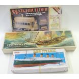 Three model kits comprising wooden model ship, Matchbuilder Tram Car and RMS Titanic, all in