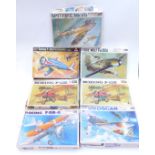 Seven Hasegawa 1:32 scale model aeroplane kits including Nakajima Ki-43 Oscar, Boeing F4B-4,