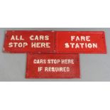 Three Glasgow Corporation double sided cast aluminium tram signs comprising all cars stop here, fare