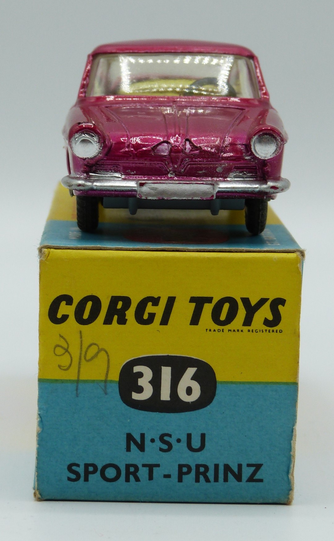 Corgi Toys diecast model NSU Prinz Sport with metallic pink body, cream interior and silver hubs, - Image 2 of 6
