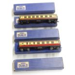 Five Hornby Dublo 00 gauge model railway coaches including Restaurant Car, Corridor Coach etc, all