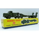 Dinky Supertoys diecast model Tank Transporter with green body and trailer, 660, in original box.