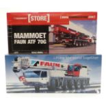 Two 1:50 scale diecast model cranes Tadano Faun All Terrain AFT 100-5 and Mammoet Faun ATF 70G, both