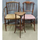 Two 19thC chairs and a pokerwork side table