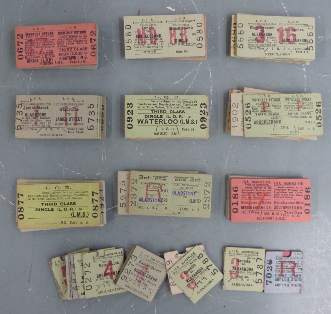 Approximately 10 Liverpool Overhead Railway tickets, including monthly and first class tickets