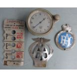 Smiths vintage car clock marked L to dial together with an RAC badge, AA badge and a Champion