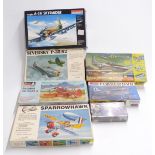 Seven Monogram, Curtiss and Supertech model aeroplane kits including Mustang FSID, Fokker D VII etc,