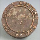 Great Western Railway 1908 cast iron boundary marker post, diameter 20.5cm