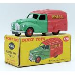 Dinky Toys diecast model Austin Van with green and red body, red hubs and 'Shell BP' decals, 470, in