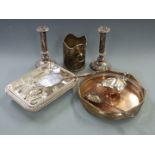Silver plate to include pair of candlesticks, height 21cm, circular tray, serving dishes, mirror