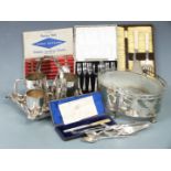 Silver plated ware including crimped basket, glass basket with plated mounts, cased cutlery and