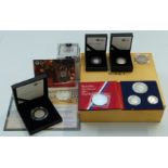 Various silver coins, some cased, some in presentation packs, two loose, includes 150th