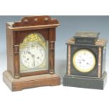 19thC slate and marbled mantel clock by Japy Freres, striking on a bell, 27cm tall, together with
