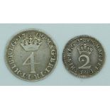 Queen Anne 1709 Maundy fourpence, F, together with a Maundy twopence 1708, VF
