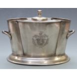 Silver plated or similar two bottle wine cooler with heraldic decoration, width 35cm