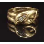 An 18ct gold snake ring set with two old cut diamonds, Birmingham 1919, size Q, 4.3g