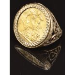 A 9ct gold ring set with a 1912 gold full sovereign, size Q, 13.7g