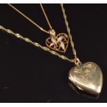 Two 9ct gold chains, a 9ct gold pendant, 3g, and a 9ct gold back and front heart locket