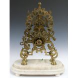 Victorian single fusee brass skeleton clock raised on a marble plinth under a glass dome, H48cm
