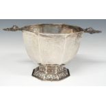 Hallmarked silver Dutch silver octagonal twin handled bowl with engraved decoration, with Dutch