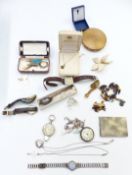 A collection of jewellery including silver locket, brooch and fob watch, Art Deco compact, Victorian