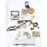 A collection of jewellery including silver locket, brooch and fob watch, Art Deco compact, Victorian