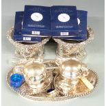 Pair of silver plated wine coasters, Mappin & Webb salad servers, 19thC Humpty Dumpty baby's rattle,