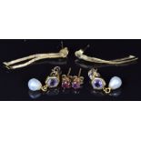 Three pairs of 9ct gold earrings, one pair set with a ruby and the other a pearl and amethyst, 1.8g