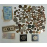 A small amateur collection of coins, small silver content, UK and overseas, in a vintage money box
