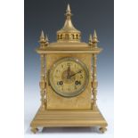 Brass cased French two train mantel clock with etched decoration to case, brass Arabic dial, pierced