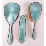 George V Art Deco turquoise guilloché enamel set silver dressing table set comprising hand mirror