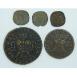 Gun Money James II 1689 half crown August, together with a shilling and three Charles I Rose