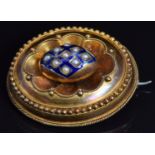 Victorian Etruscan Revival brooch set with blue enamel and seed pearls, 3.2 x 2.8cm, 6.7g