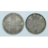 George II 1746 half crown LIMA under bust NONO to edge, together with George IV 1821 example
